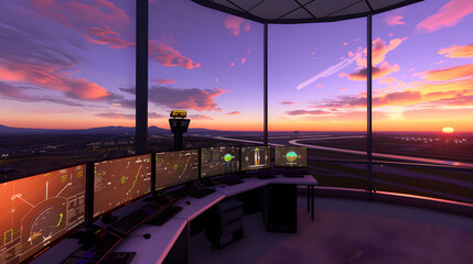 Fototapeta premium A modern air traffic control tower at sunset, showcasing technology and scenic views.