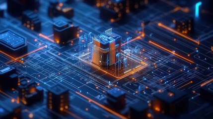 futuristic cityscape with glowing buildings and intricate circuitry, showcasing advanced technology and digital connections. vibrant colors create dynamic atmosphere