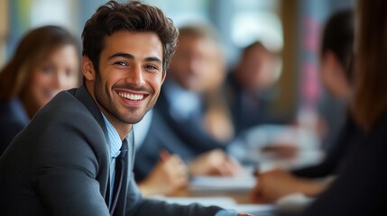 Fototapeta premium Smiling Business Manager Engagingly Explaining Benefits to Team During Professional Meeting in Modern Office Environment