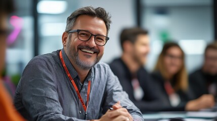 Professional Manager Smiling While Explaining Benefits in a Dynamic Office Environment with Engaged Team Members