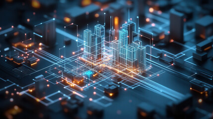 Futuristic cityscape with glowing buildings and digital connections, showcasing advanced technology and urban development
