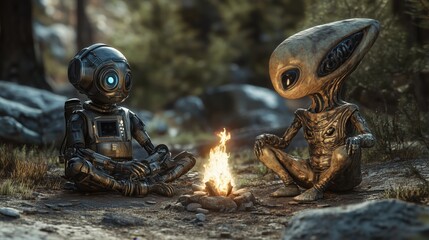 An Intimate Scene in Nature Featuring a Time Traveler and an Alien Sharing Stories Around a Campfire in a Peaceful Forest Setting