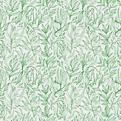 Seamless herbal pattern with stylized leaves. Floral endless green pattern filled with line art twigs. Fresh greenery background, wallpaper, textile print.