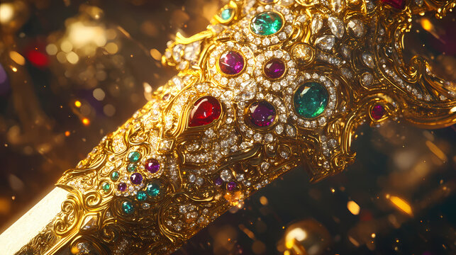 Close up of ornate gold sword hilt adorned with colorful jewels, showcasing intricate craftsmanship and luxurious details. vibrant gems add regal touch to this exquisite piece. Regal. Illustration