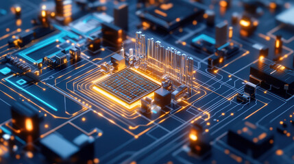 Futuristic circuit board with glowing elements and intricate patterns, showcasing technology and innovation in digital landscape
