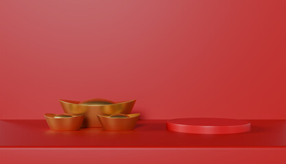 Red podium pedestal product display with gold chinese money coins chinese new year festival