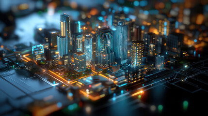 vibrant city skyline at night, showcasing illuminated skyscrapers and bustling streets. intricate details highlight modern urban landscape filled with lights and energy