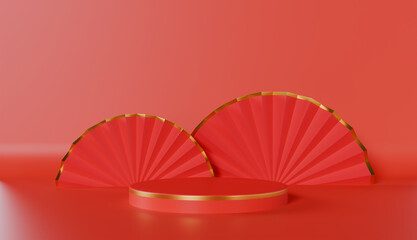 Red chinese new year podium cylinder pedestal minimal product display with empty display scene presentation for product placement