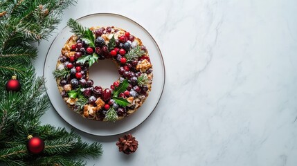 Christmas Wreath Shaped Cake with Berries and Holly