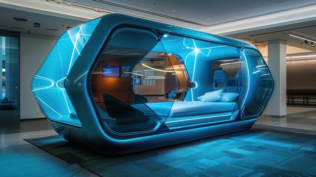Futuristic sleep pod with blue lights, a bed with white sheets, and a glass window.
