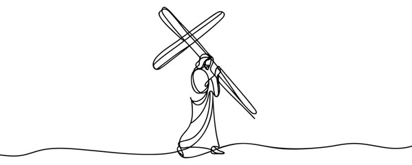 Continuous one line drawing of Jesus Christ carrying the cross-vector illustration