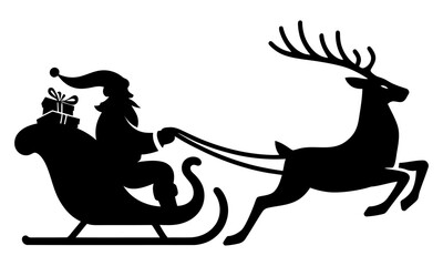 Santa Claus rides in a sleigh in harness on the reindeer