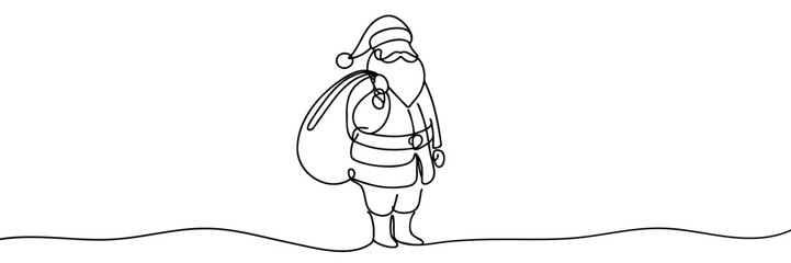 Continuous one line drawing of santa claus with bag with gift greeting christmas icon in silhouette on a white background.