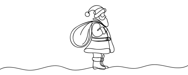 Continuous one line drawing of santa claus with bag with gift greeting christmas icon in silhouette on a white background.