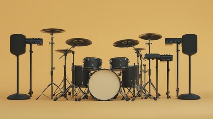 Black Drum Kit with Speakers and Cymbals on a Tan Background