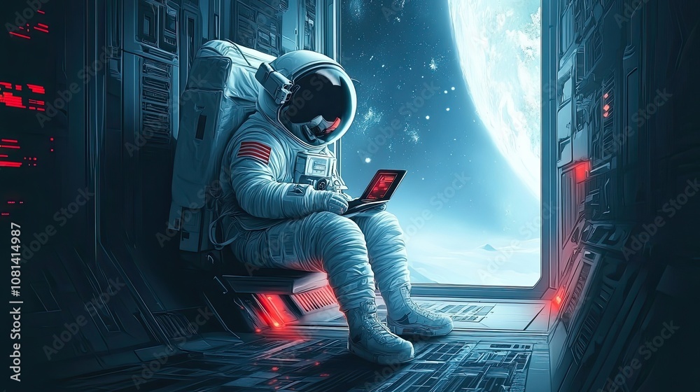 Wall mural astronaut working on a laptop inside a spacecraft with a view of a planet
