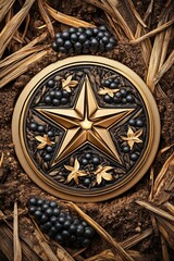 A detailed golden star emblem resting on earthy soil with clusters of blackberries and autumn leaves in soft natural light