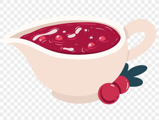 Homemade cranberry sauce in gravy bowl with fresh cranberries and leaves on transparent background. Perfect for Thanksgiving and holiday dishes. vector