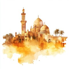 Elegant watercolor mosque with domes and palms, white isolate background.