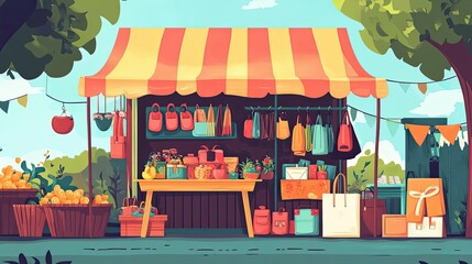 A Colorful Street Market Stall Selling Various Goods and Accessories