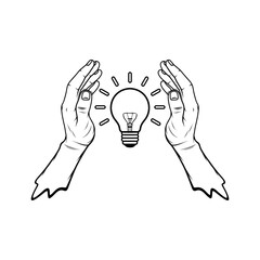 lights on between two hands black and white vector line art