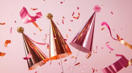 Pink and Gold Party Hats with Confetti on Pink Background