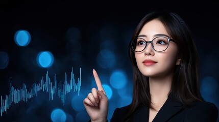 Businesswoman in glasses analyzing data and pointing at chart during presentation