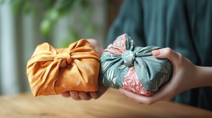 Two beautifully wrapped gifts in fabric, showcasing traditional furoshiki style.