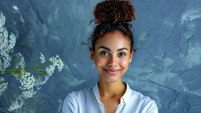 Professional Woman Smiling in Stylish White Blouse with Curly Hair in Modern Office Setting with Floral Decor and Textured Wall