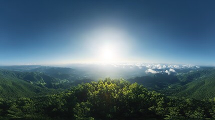 Naklejka premium A breathtaking panoramic view of Pandora, with the sun shining brightly over a stunning landscape. From a high vantage point, the scenery unfolds below, revealing lush greenery, vibrant colors, 