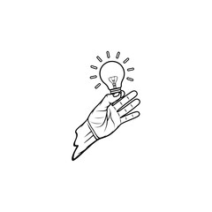 left hand holds a lighted lamp with index finger and thumb black and white vector line art
