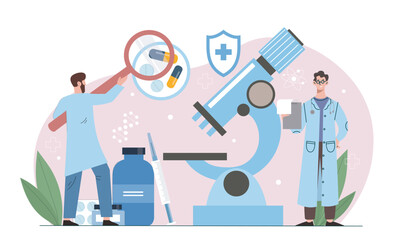 Doctors research medicine. Men in medical uniform near microscope and magnifying glass. Scientific experiment in laboratory. Chemists develop drugs in lab. Flat vector illustration