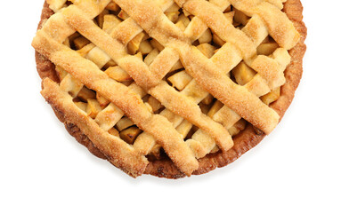 Tasty homemade apple pie isolated on white, top view