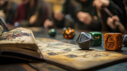 Dice and book on a table with blurry people in the background.