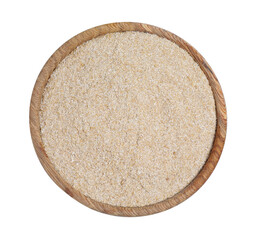 Oat bran in bowl isolated on white, top view