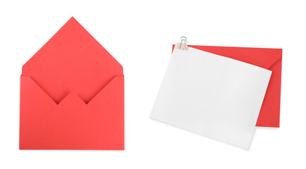 Red paper envelopes and blank letter isolated on white