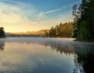 Fototapeta premium Misty Morning on a Tranquil Lake With Rolling Fog Hovering Over the Water and a Distant Forest Just Visible Through the Hazy Light of Dawn