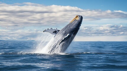 Fototapeta premium A humpback whale breaches out of the water, its fin reaching high into the air.