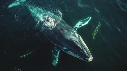 Fototapeta premium A humpback whale swims through a deep blue ocean.