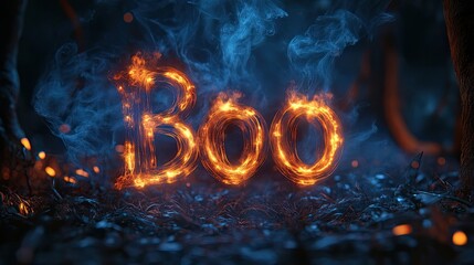 The word BOO spelled out in fiery orange sparks, surrounded by smoke and a dark forest setting