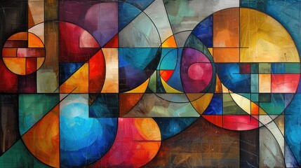 Fototapeta premium Abstract painting with geometric shapes and vibrant colors, primarily in shades of blue, yellow, red, orange, green, and purple.