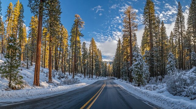 Winter road winding through tall pine trees under a clear blue sky in a snowy landscape near a national park