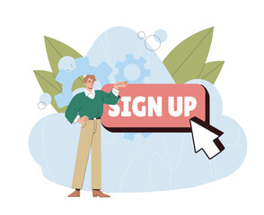 Man with sign up button. Young guy near red button. Design element for social networks and websites. Registration on site. Flat vector illustration isolated on white background