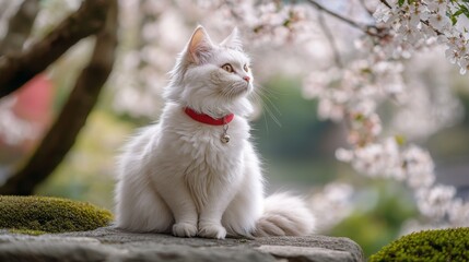 Obraz premium Fluffy Japanese Bobtail Cat with Red Collar in Blooming Scene