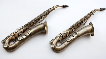 Two tenor saxophones placed side by side, capturing the elegance and depth of their rich, resonant sound. The instruments gleam under the spotlight, showcasing their polished brass finish 
