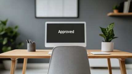 A modern desk setup featuring a computer displaying the word "Approved," surrounded by plants and minimalist decor, conveying a sense of organization and success.