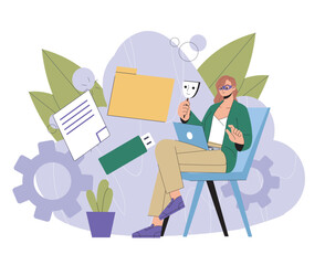 Theft of information. Woman with laptop steals personal data on Internet. Online danger and hacker. Spam and scam, cybercrime. Flat vector illustration isolated on white background