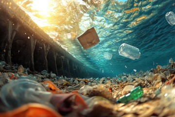 Ocean reality, depictions of sea floor littered with discarded garbage and plastic, urgent need for environmental preservation and raising awareness about pollution's impact on marine ecosystems.