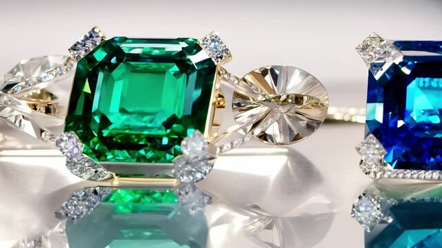 Close up of sparkling gemstone and diamond luxury jewelry display