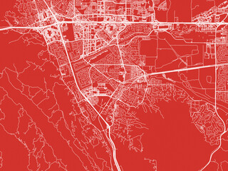 Christmas Map of Pleasanton  California, USA in Snowy White on Festive Red Background.